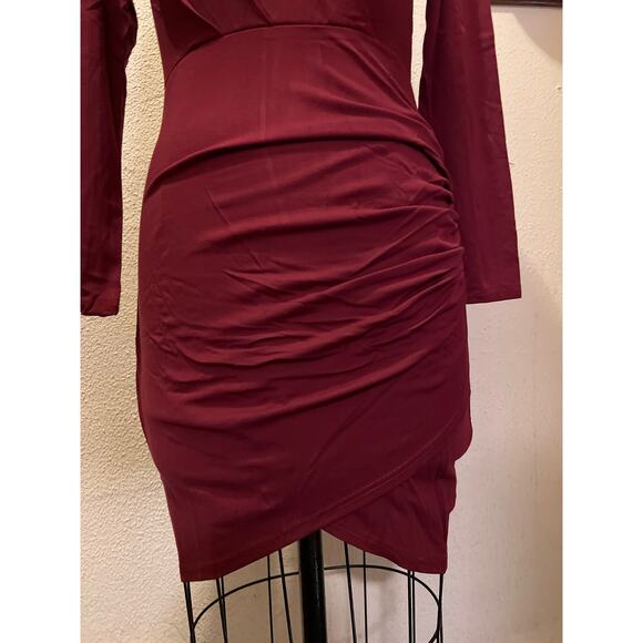 Sarin Mathews Deep V Neck Ruched Long Sleeve Mini Dress Burgandy NWT Size S - Picture 3 of 6